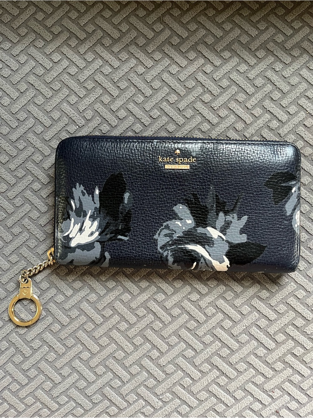 kate spade Black Floral Zip Wallet with Gold Accent